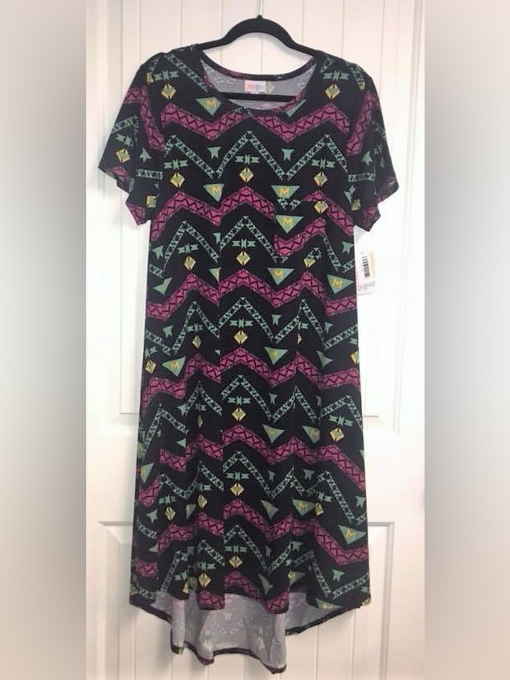 LuLaRoe Carly Navy Dress with Pink, Green & Yellow Geometric Print